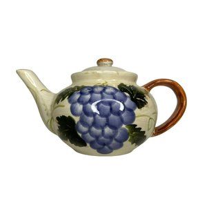 HANDPAINTED VINTAGE IAC Teapot w/Lid-Cream colored Teapot-Blue Grapes